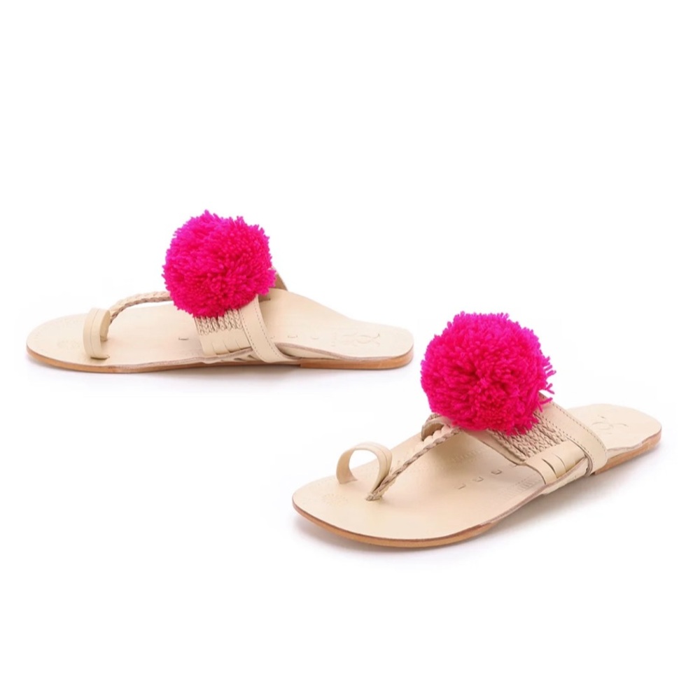 Figue Pom Pom Pink Flat Sandals Nude Leather